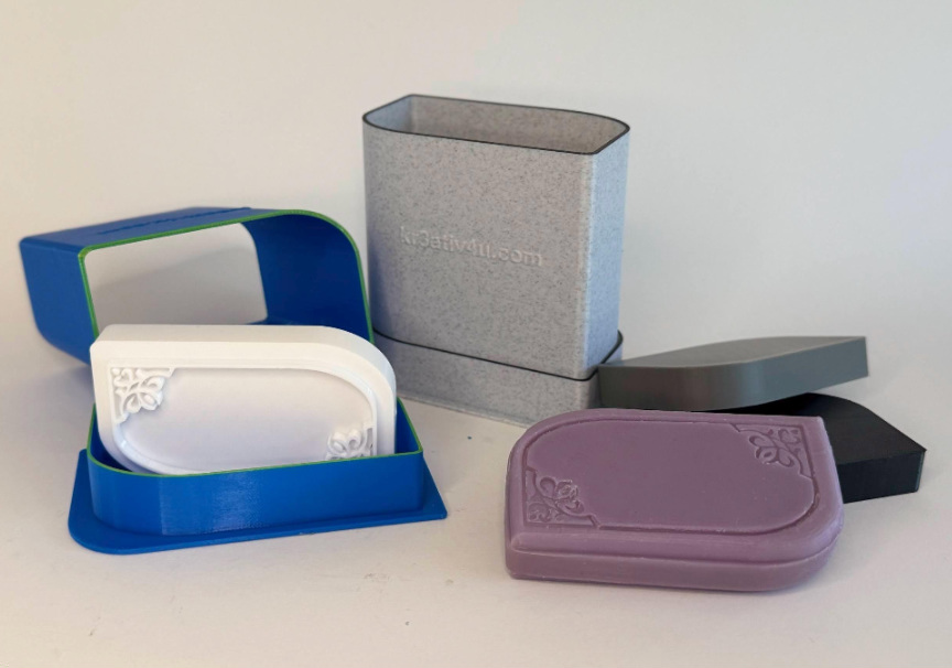 Seifenformbehälter rechteckig mit 2 Rundungen, Pusher mit od. ohne integriertem Stempel